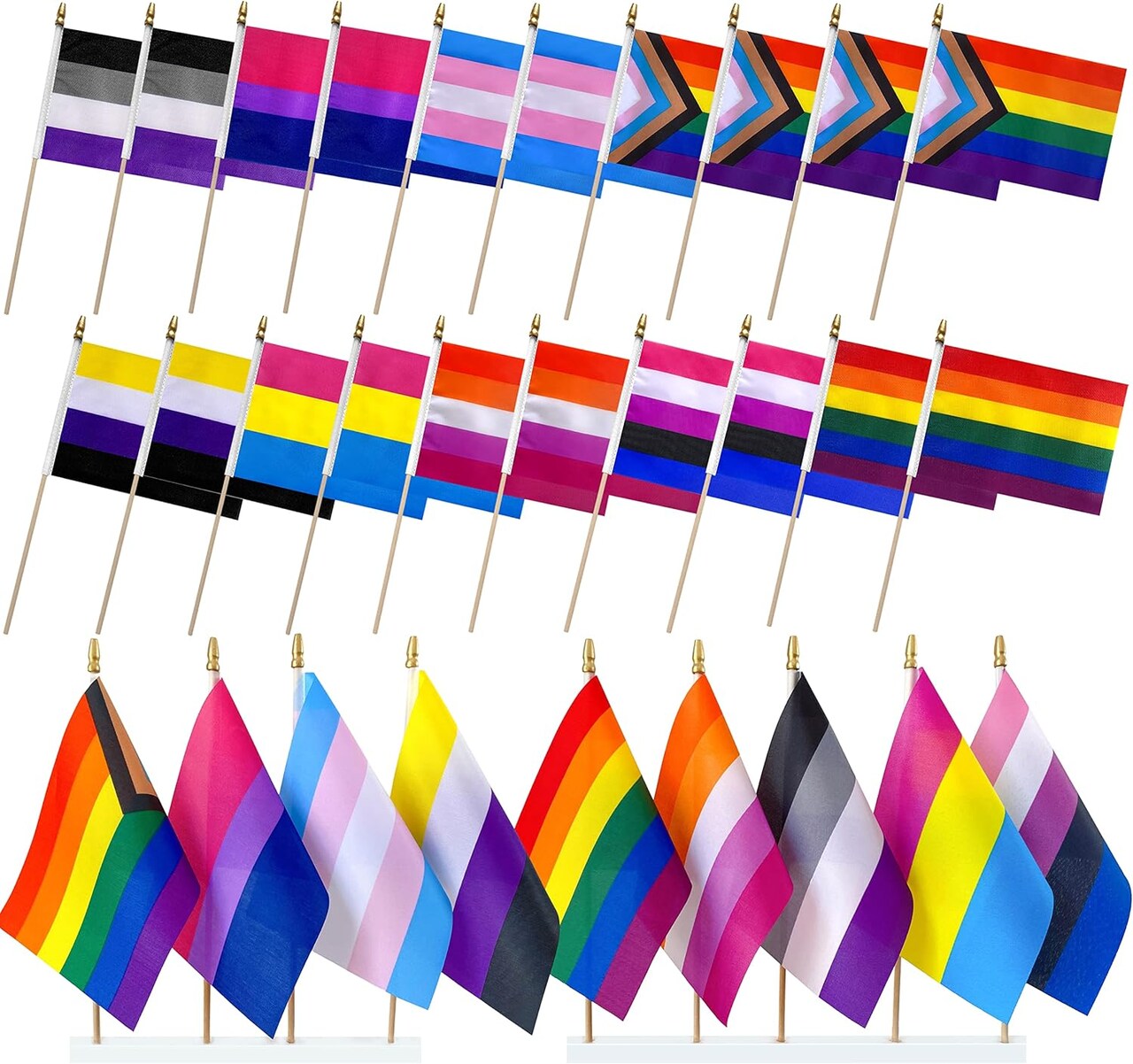 Progress Rainbow Gay Pride Flags Set on Wood Stick – Mini Hand-Held LGBTQ+ Inclusive Flags (5x8 Inch, 20-Pack)